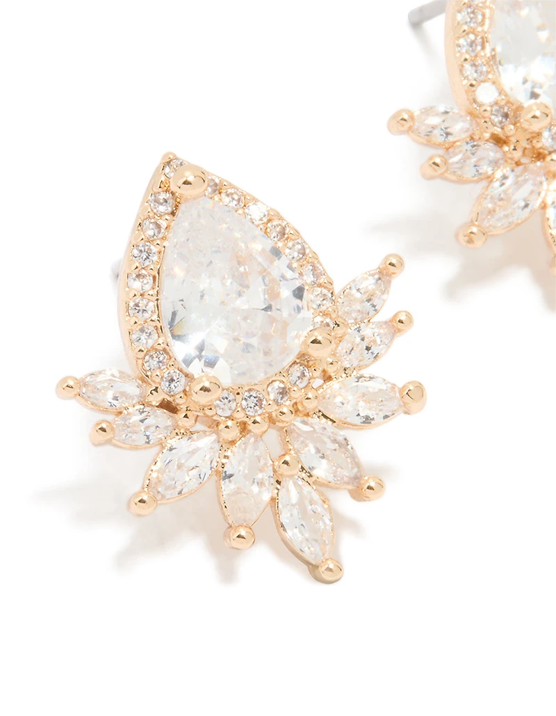Gold Cubic Zirconia Pear Flower Stud Earrings