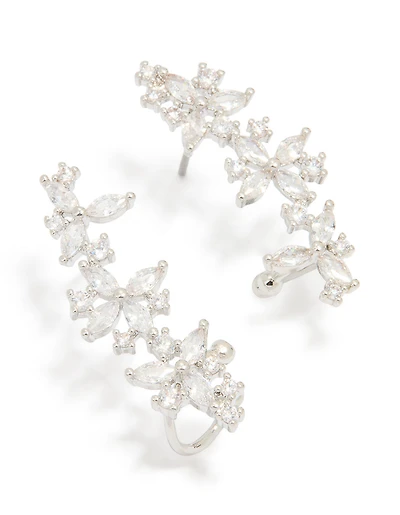 Silver Cubic Zirconia Floral Marquise Cuff Earrings