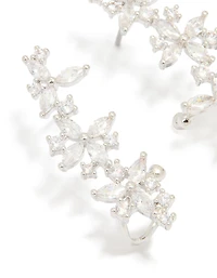Silver Cubic Zirconia Floral Marquise Cuff Earrings