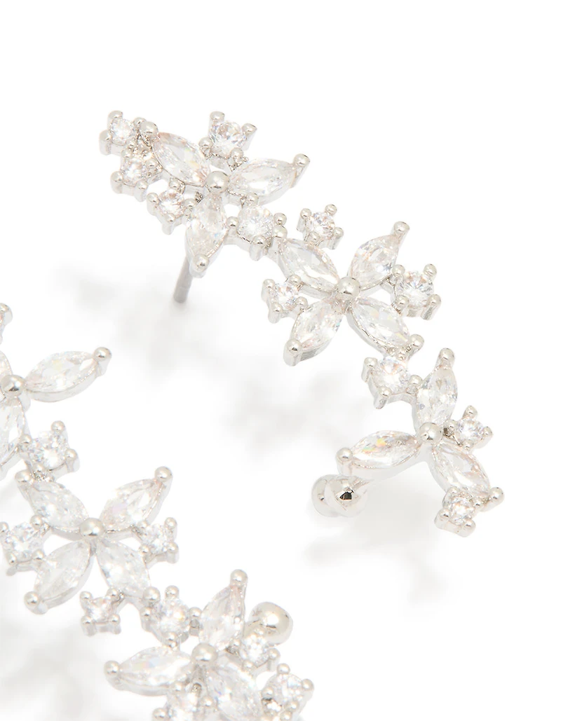 Silver Cubic Zirconia Floral Marquise Cuff Earrings