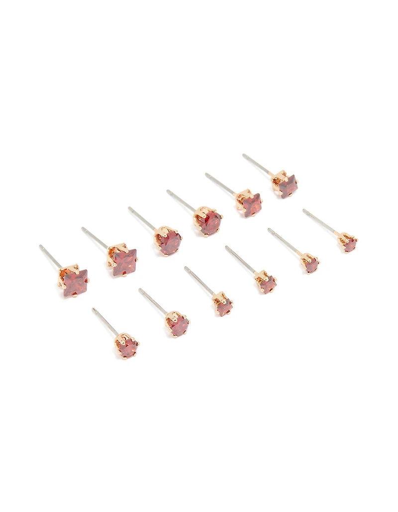 Gold Red Cubic Zirconia Classic Stud Earrings 6-Pack