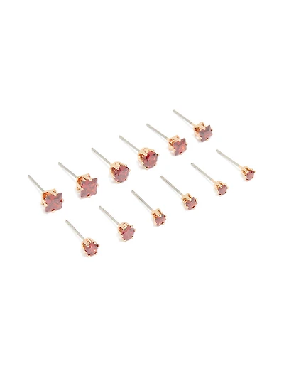 Gold Red Cubic Zirconia Classic Stud Earrings 6-Pack