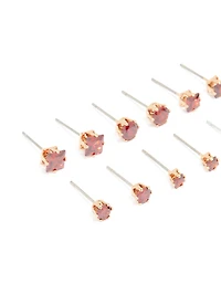 Gold Red Cubic Zirconia Classic Stud Earrings 6-Pack