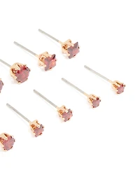 Gold Red Cubic Zirconia Classic Stud Earrings 6-Pack