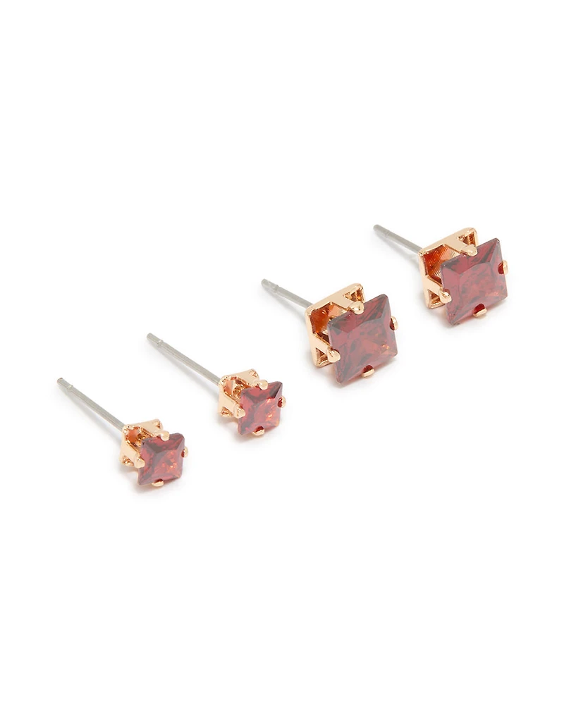 Gold Red Cubic Zirconia Square Stud Earrings 2-Pack