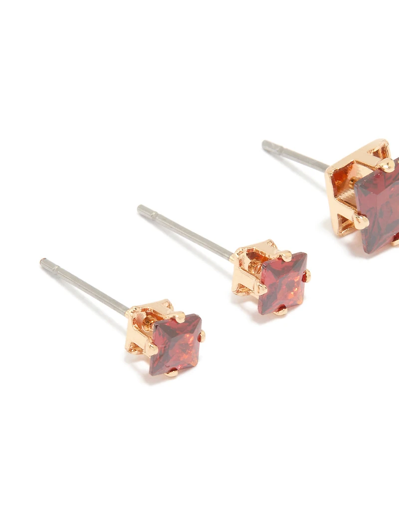 Gold Red Cubic Zirconia Square Stud Earrings 2-Pack
