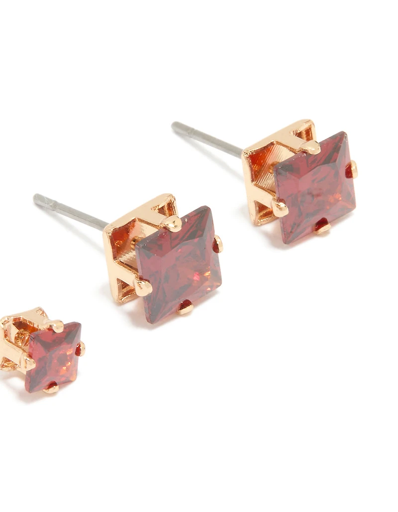 Gold Red Cubic Zirconia Square Stud Earrings 2-Pack