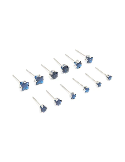 Silver Blue Cubic Zirconia Classic Stud Earrings 6-Pack