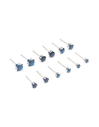 Silver Blue Cubic Zirconia Classic Stud Earrings 6-Pack