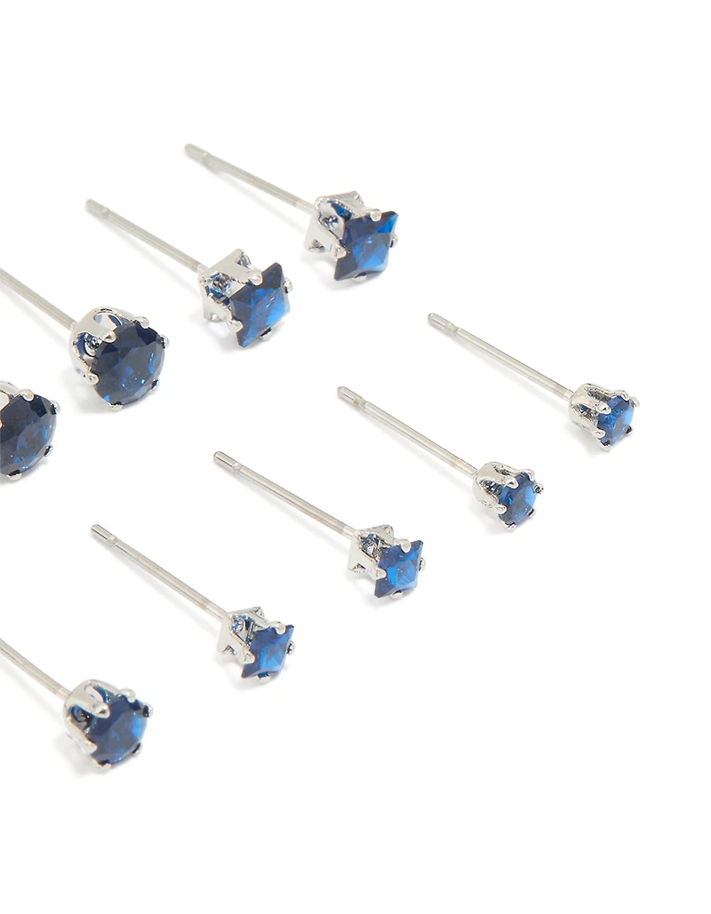 Silver Blue Cubic Zirconia Classic Stud Earrings 6-Pack
