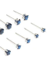 Silver Blue Cubic Zirconia Classic Stud Earrings 6-Pack