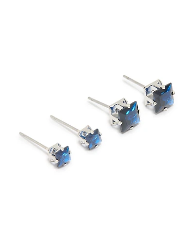 Silver Blue Cubic Zirconia Square Stud Earrings 2-Pack