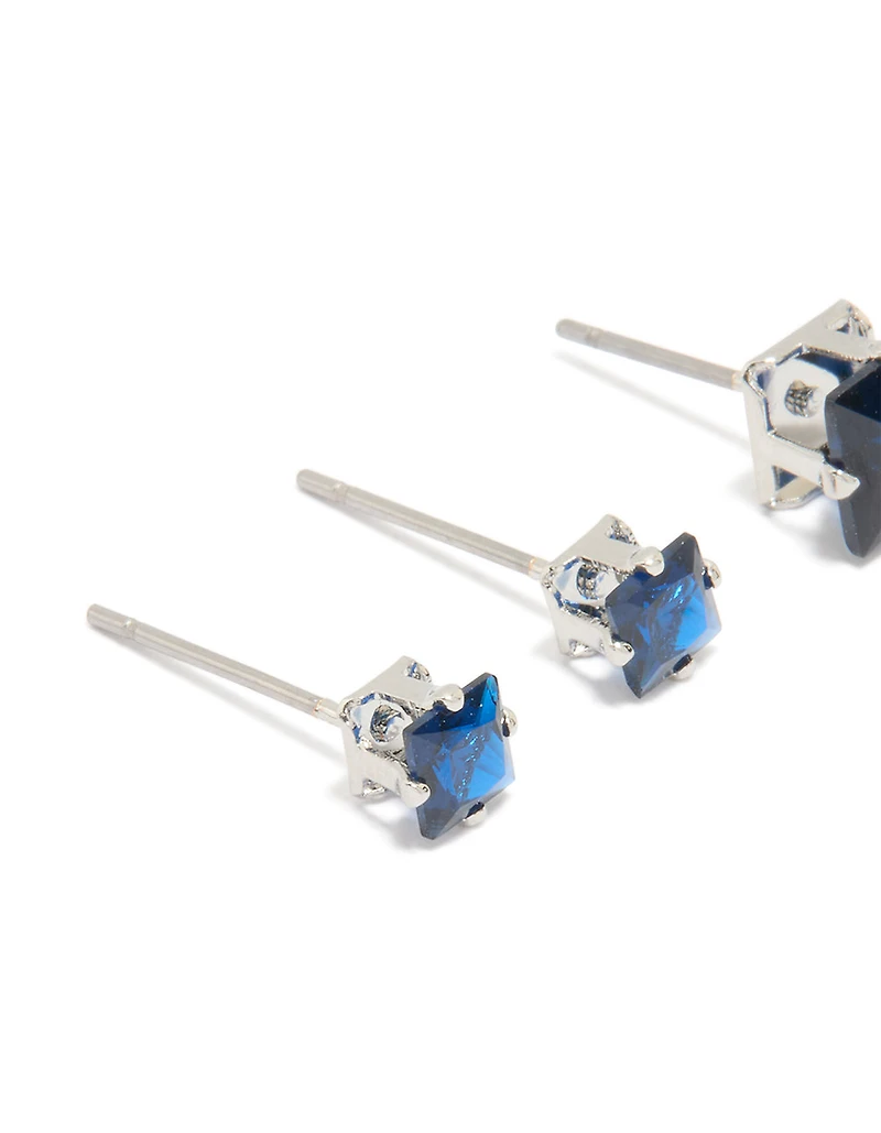 Silver Blue Cubic Zirconia Square Stud Earrings 2-Pack