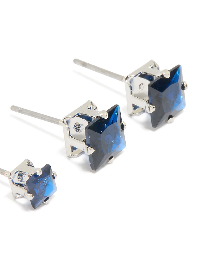 Silver Blue Cubic Zirconia Square Stud Earrings 2-Pack