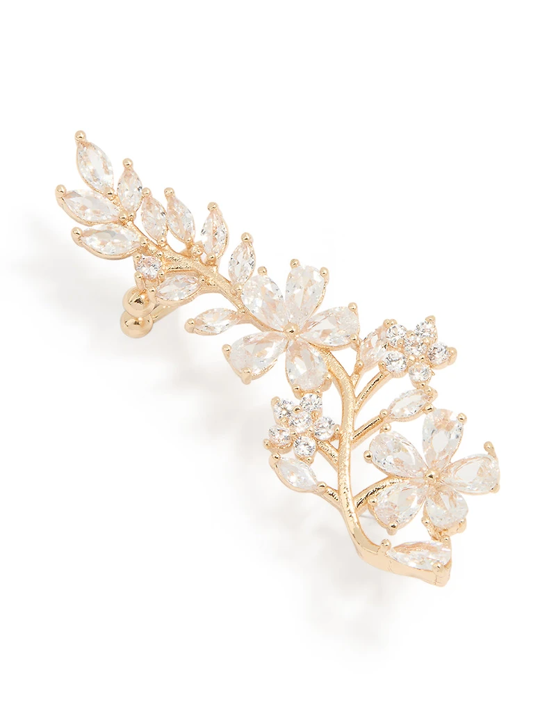 Gold Cubic Zirconia Large Floral Cuff Earring