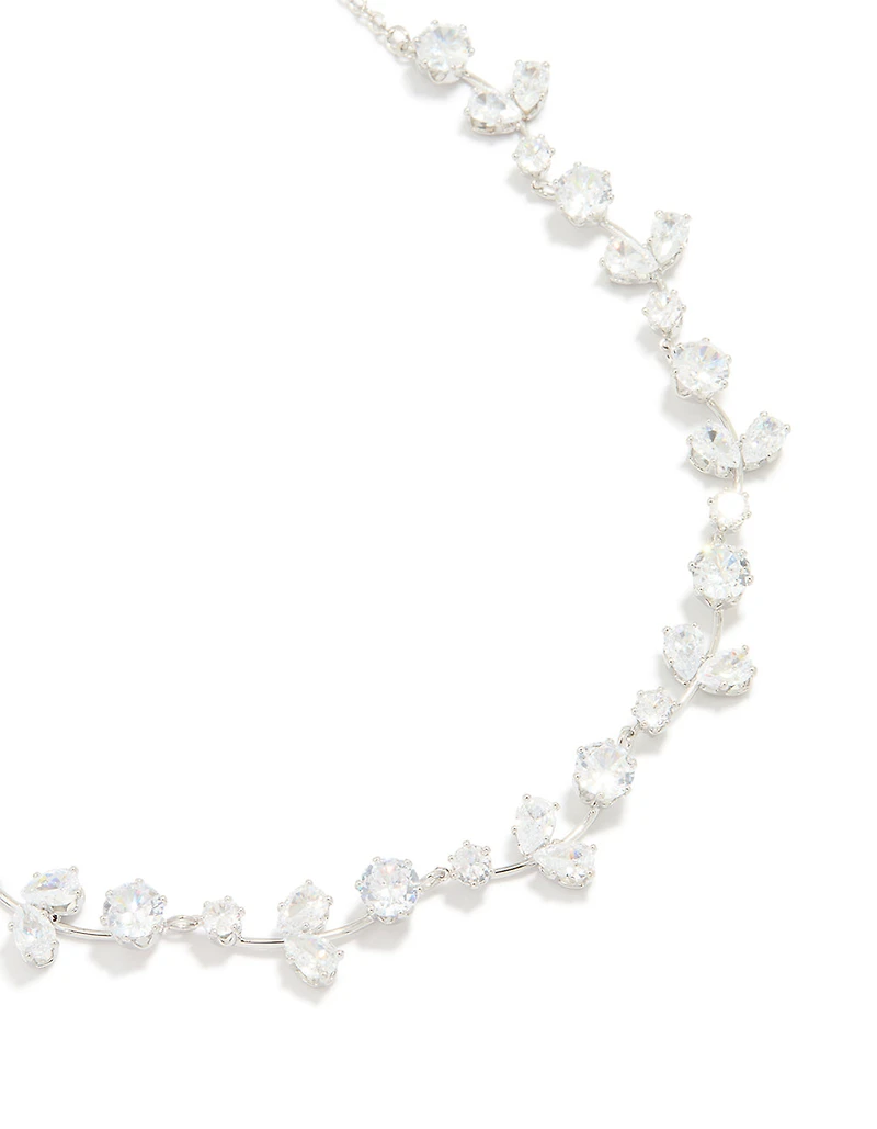 Silver Cubic Zirconia Floral Cluster Necklace