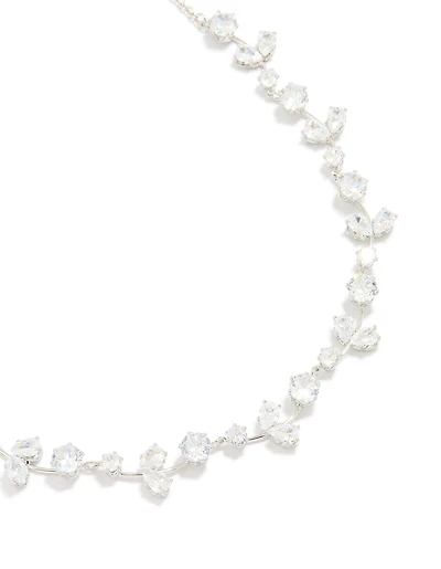 Silver Cubic Zirconia Floral Cluster Necklace