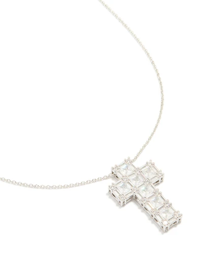 Silver Cubic Zirconia Mega Cross Necklace