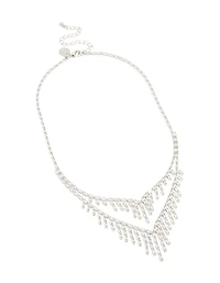 Silver Cubic Zirconia Statement Layered Chain Necklace