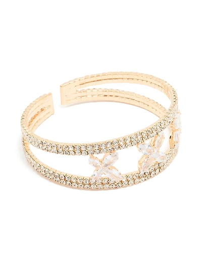 Gold Cubic Zirconia Triple Flower Wrist Cuff