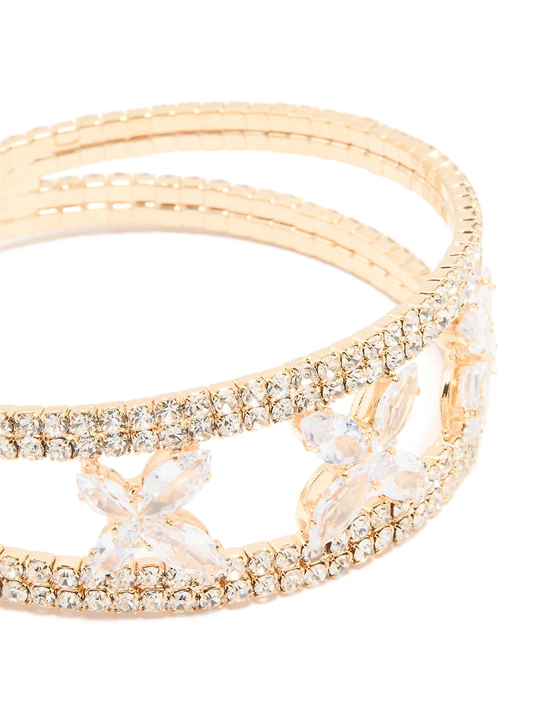 Gold Cubic Zirconia Triple Flower Wrist Cuff