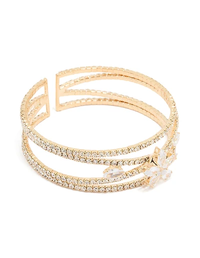 Gold Cubic Zirconia Cross Flower Wrist Cuff