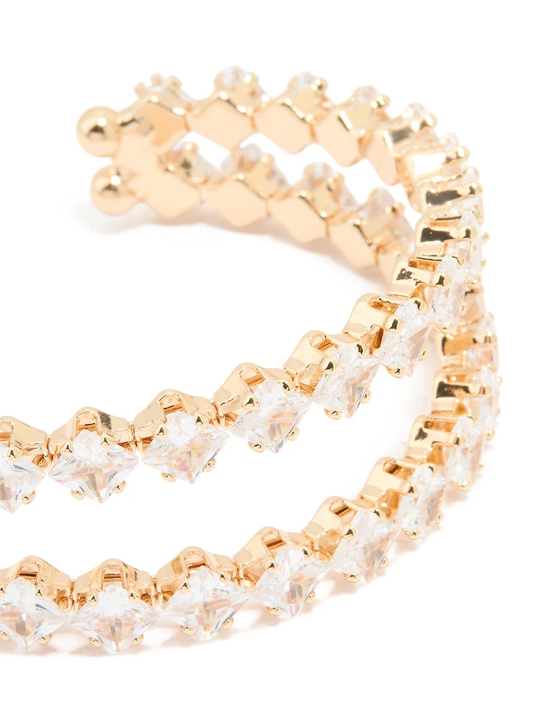 Gold Cubic Zirconia Open Large Square Wrist Cuff