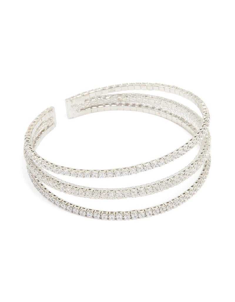 Silver Cubic Zirconia Mini Triple Row Wrist Cuff