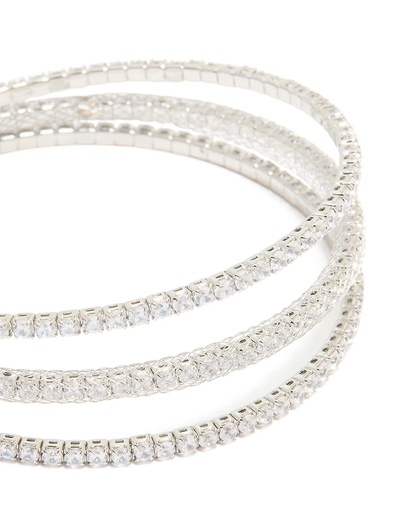Silver Cubic Zirconia Mini Triple Row Wrist Cuff