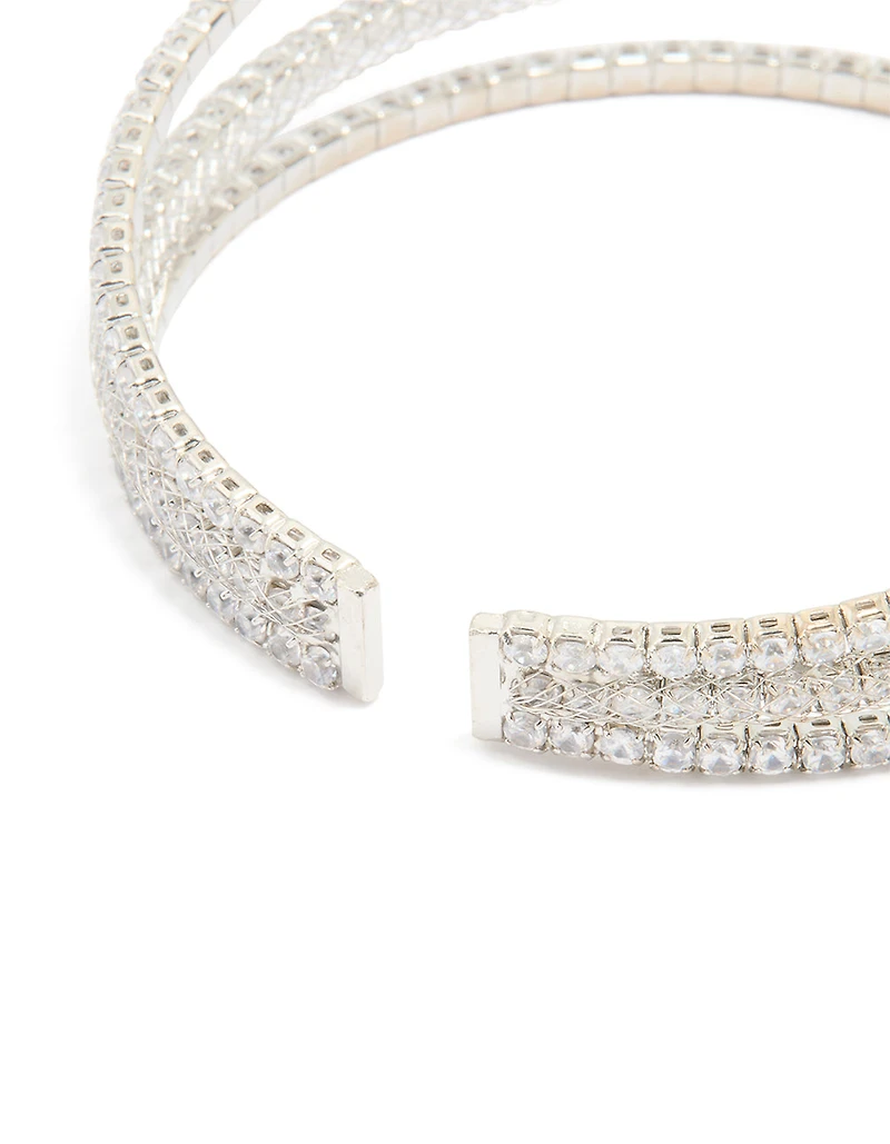 Silver Cubic Zirconia Mini Triple Row Wrist Cuff