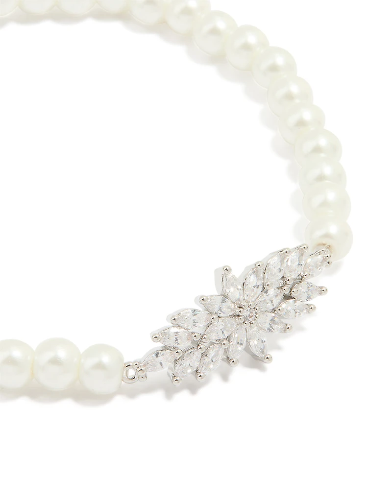 Silver Cubic Zirconia Center Flower Stretch Bracelet