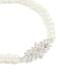 Silver Cubic Zirconia Center Flower Stretch Bracelet