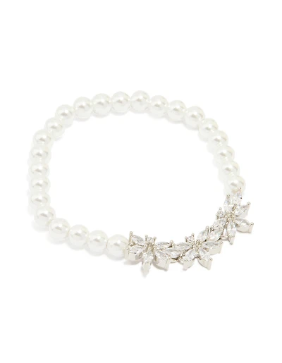 Lovely Cubic Zirconia Pearl Flower Stretch Bracelet
