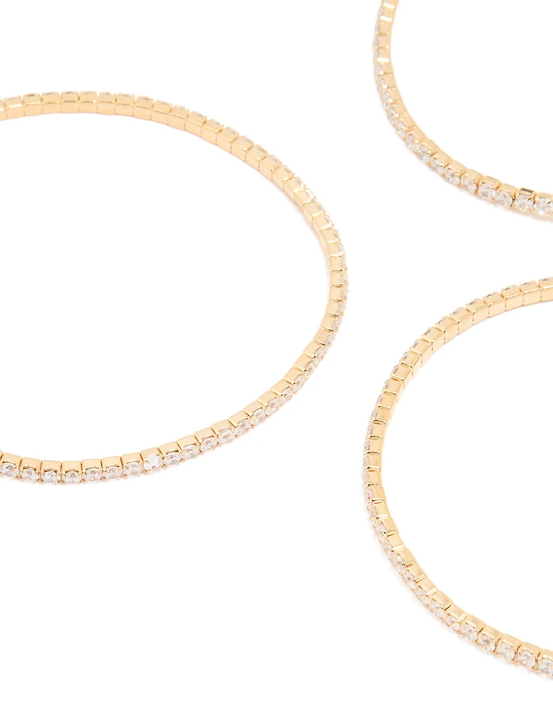 Gold Cubic Zirconia Fine Cupchain Tennis Stretch Bracelets 3-Pack