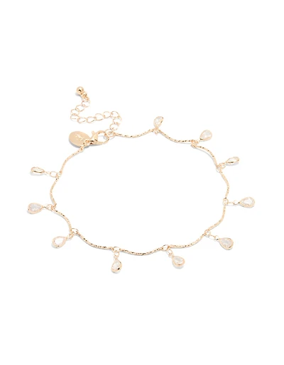 Gold Cubic Zirconia Dainty Droplet Anklet