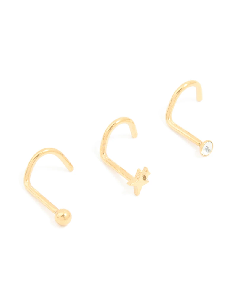 Surgical Steel Cubic Zirconia & Ball Front Nose Studs 3-Pack
