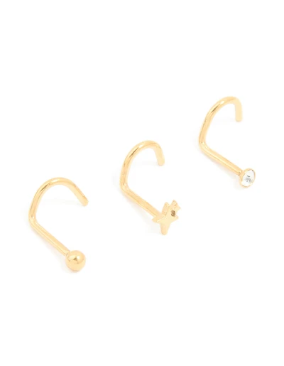 Surgical Steel Cubic Zirconia & Ball Front Nose Studs 3-Pack