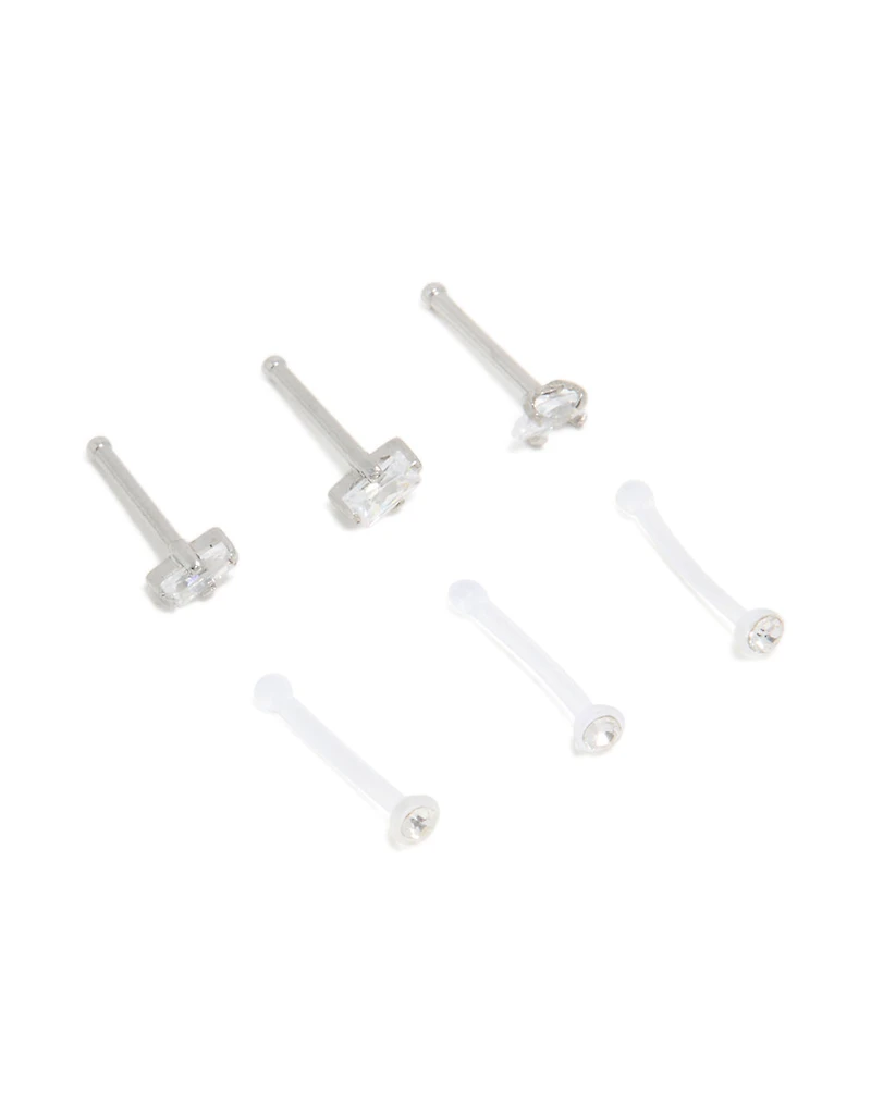 Surgical Steel Cubic Zirconia & Clear Nose Studs 6-Pack