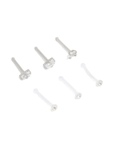 Surgical Steel Cubic Zirconia & Clear Nose Studs 6-Pack