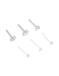 Surgical Steel Cubic Zirconia & Clear Nose Studs 6-Pack