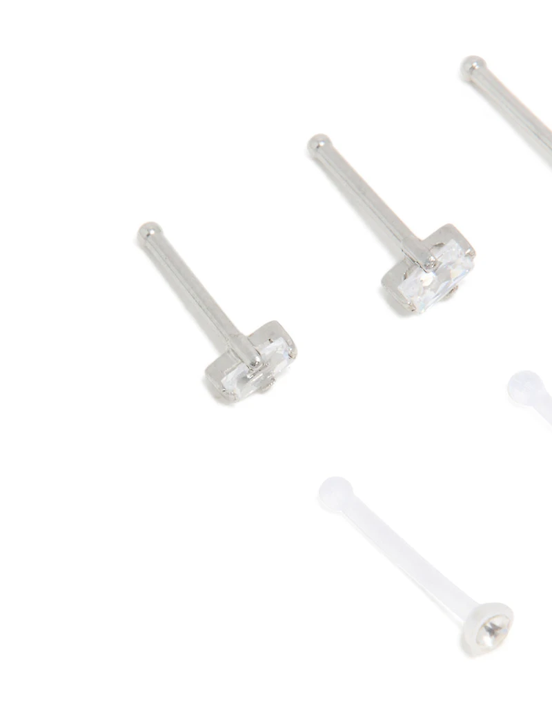 Surgical Steel Cubic Zirconia & Clear Nose Studs 6-Pack