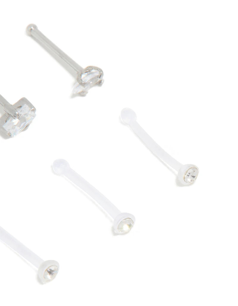 Surgical Steel Cubic Zirconia & Clear Nose Studs 6-Pack