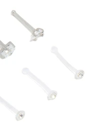 Surgical Steel Cubic Zirconia & Clear Nose Studs 6-Pack