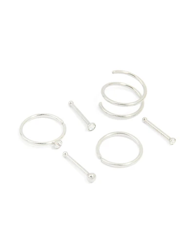 Surgical Steel Cubic Zirconia Bezel Nose Stud & Rings 6-Pack