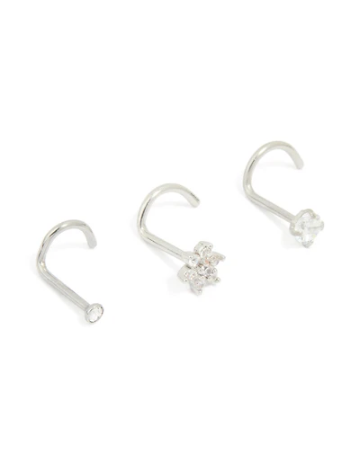 Surgical Steel Cubic Zirconia Floral & Classic Threadless Nose Studs 3-Pack