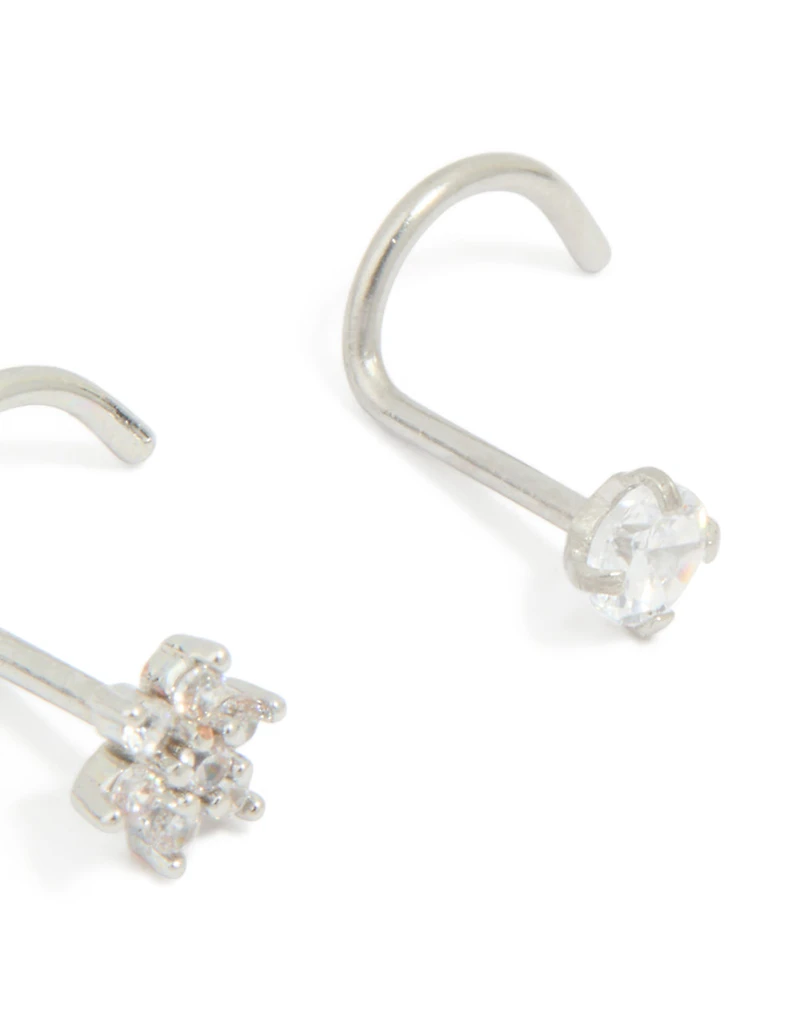 Surgical Steel Cubic Zirconia Floral & Classic Threadless Nose Studs 3-Pack