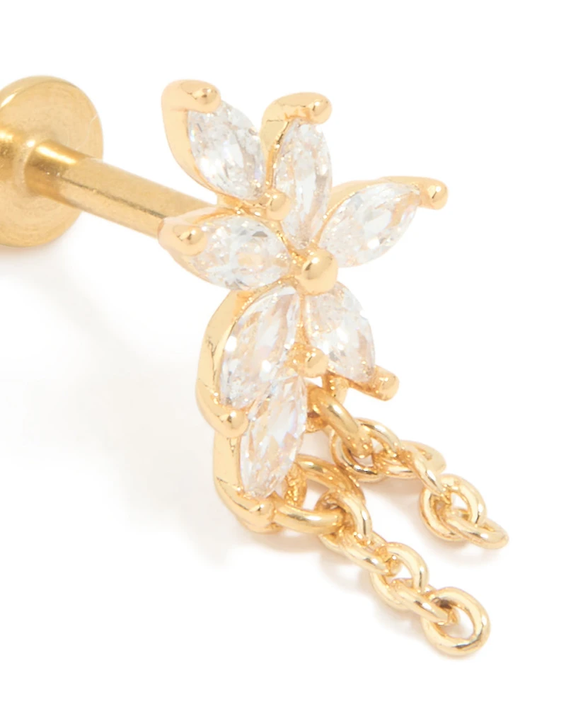 Gold Plated Surgical Steel Cubic Zirconia Leaf Chain Flat Back Stud