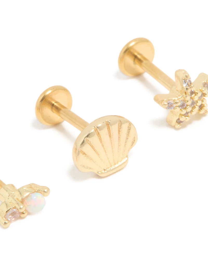 Gold Plated Surgical Steel Diamante Sea-Inspired Flat Back Studs 3-Pack