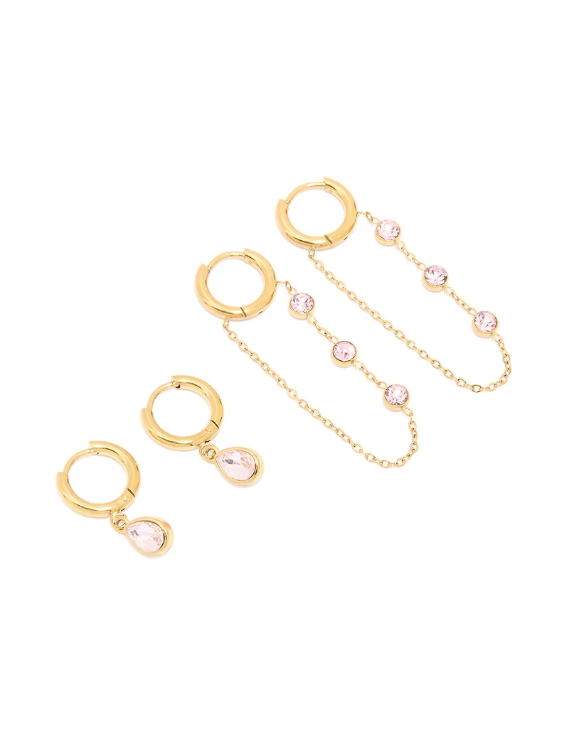 Waterproof Gold Plated Cubic Zirconia Chain Droplet Earrings 2-Pack
