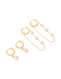 Waterproof Gold Plated Cubic Zirconia Chain Droplet Earrings 2-Pack